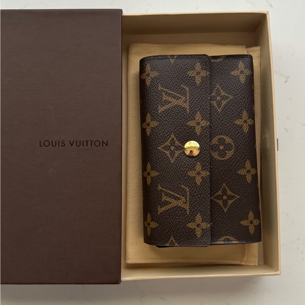 Authentic Louis Vuitton Dark Brown Monogram Wallet with Gold Button